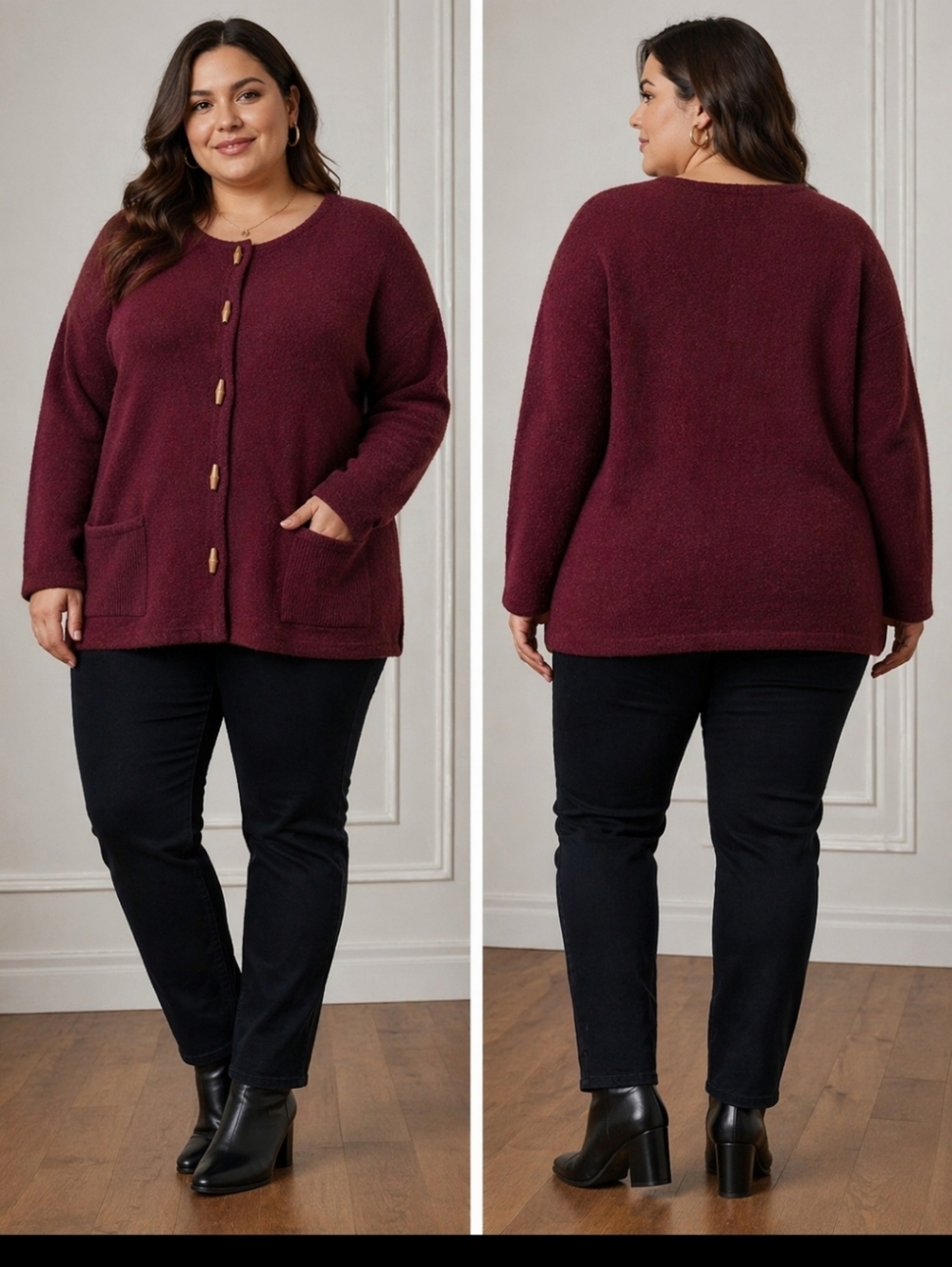 Russ Burgundy Womens Cardigan with Wooden Buttons Size 2x 100% Wool Grandmacore